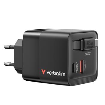 VERBATIM GaN nabjeka s kabelem 65W - 2x USB-C PD 65W / 1x USB-A QC 3.0